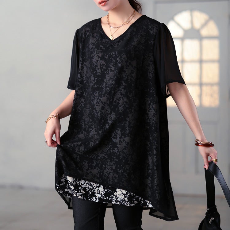大きいサイズ レディース ニュアンス柄シフォンレイヤードチュニック
