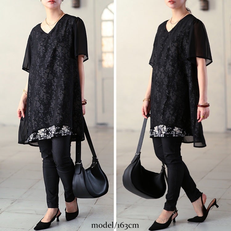 大きいサイズ レディース ニュアンス柄シフォンレイヤードチュニック