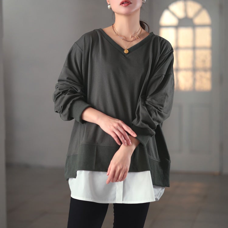 大きいサイズ レディース ステップヘム重ね着風プルオーバー