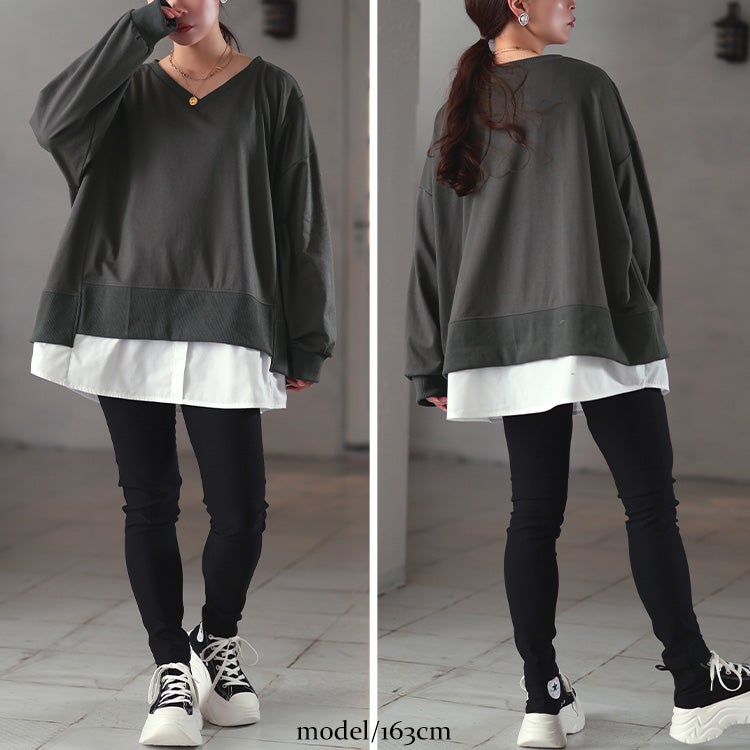 大きいサイズ レディース ステップヘム重ね着風プルオーバー