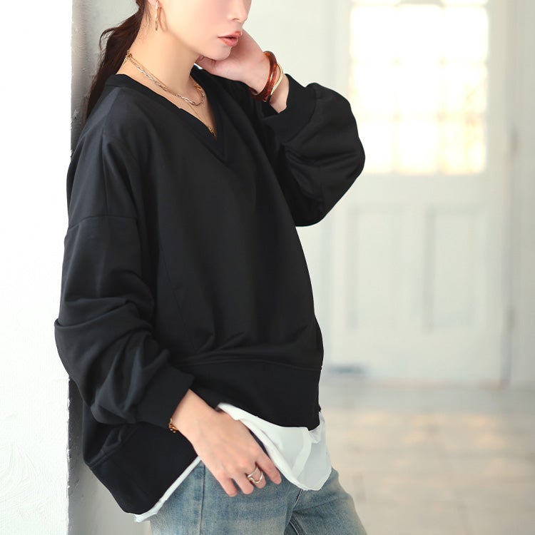 大きいサイズ レディース ステップヘム重ね着風プルオーバー