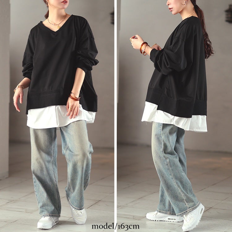 大きいサイズ レディース ステップヘム重ね着風プルオーバー