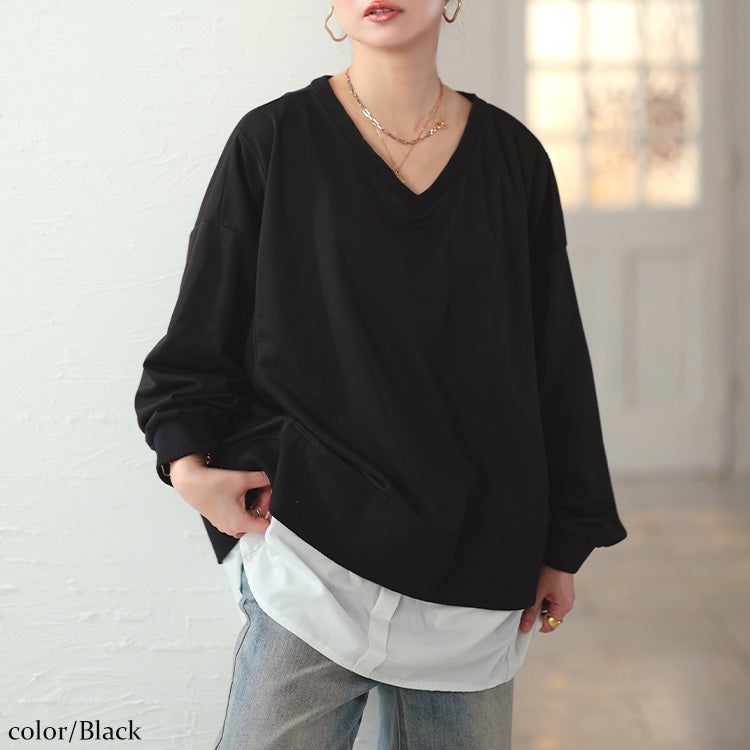 大きいサイズ レディース ステップヘム重ね着風プルオーバー ブラック