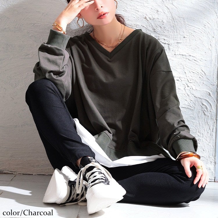 大きいサイズ レディース ステップヘム重ね着風プルオーバー チャコール