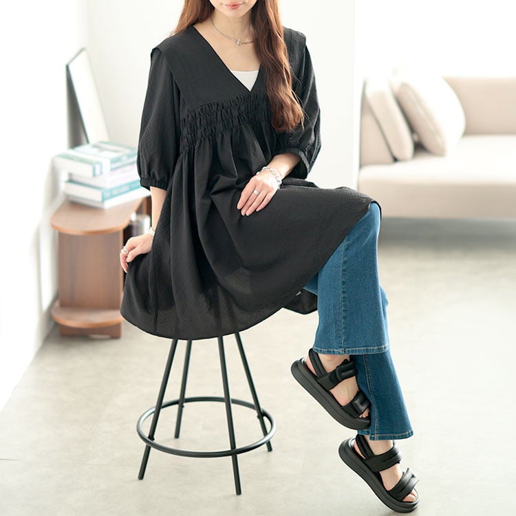 大きいサイズ レディース 肩タックシャーリングチュニック