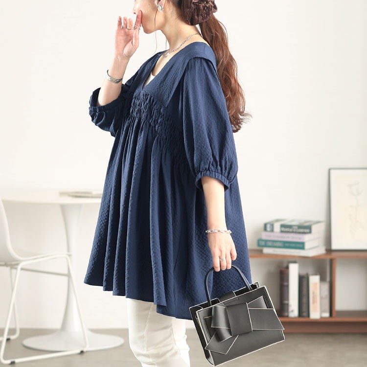 大きいサイズ レディース 肩タックシャーリングチュニック