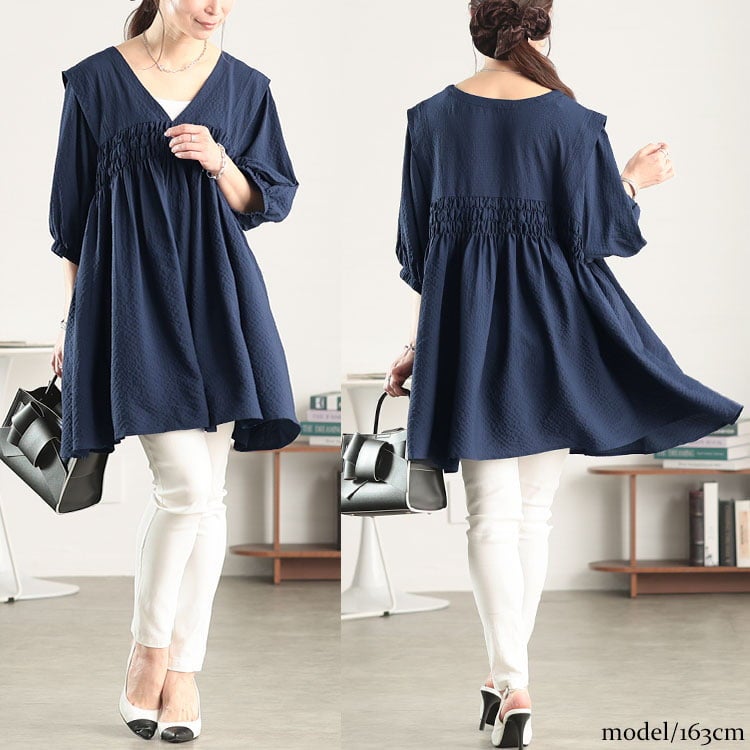 大きいサイズ レディース 肩タックシャーリングチュニック