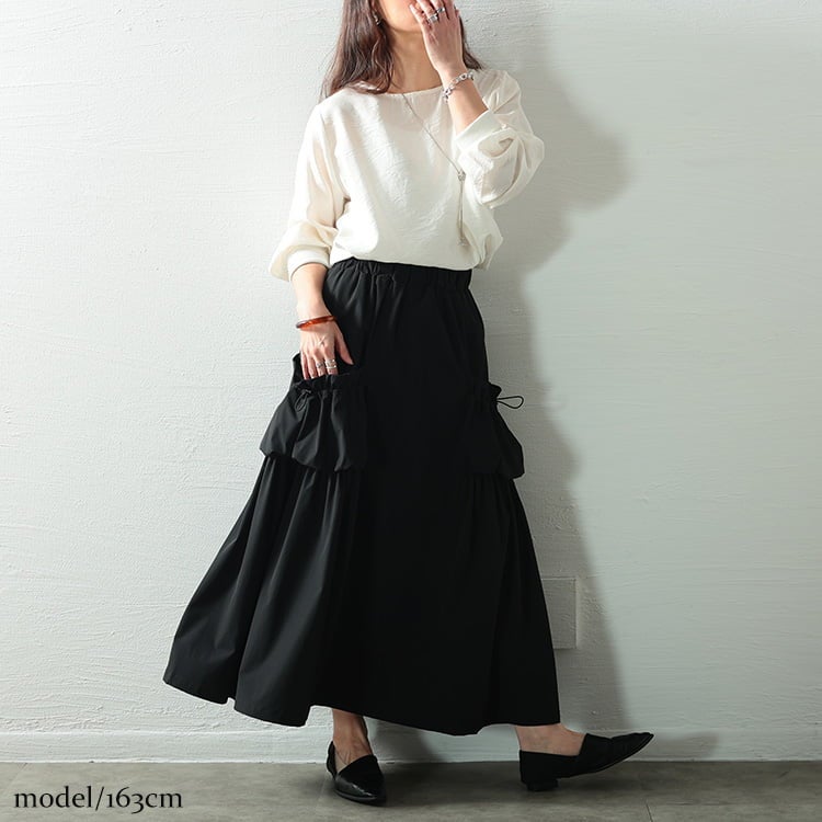 大きいサイズ レディース ドロストビッグポケットフレアスカート ブラック
