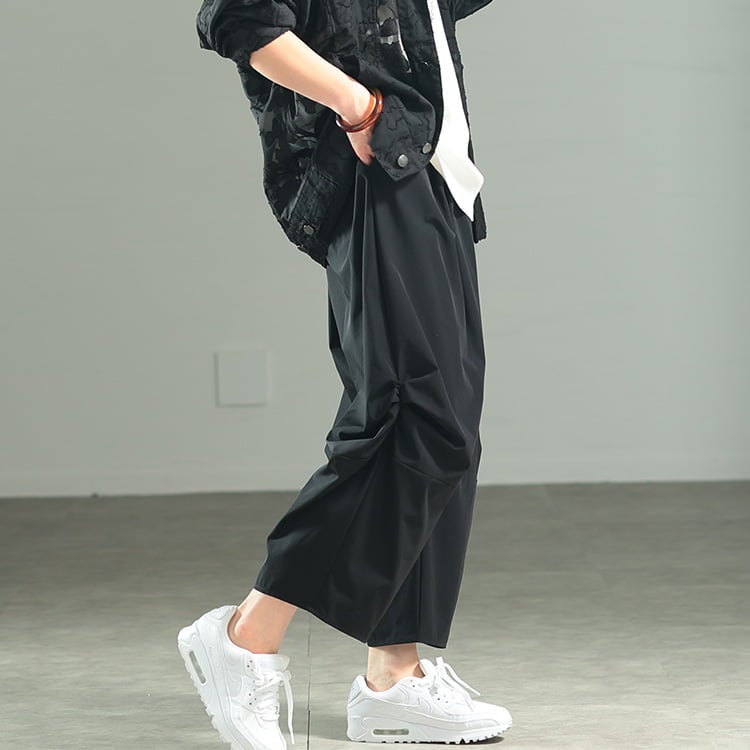 大きいサイズ レディース サイドギャザー変形ワイドパンツ