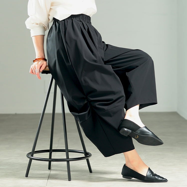 大きいサイズ レディース サイドギャザー変形ワイドパンツ