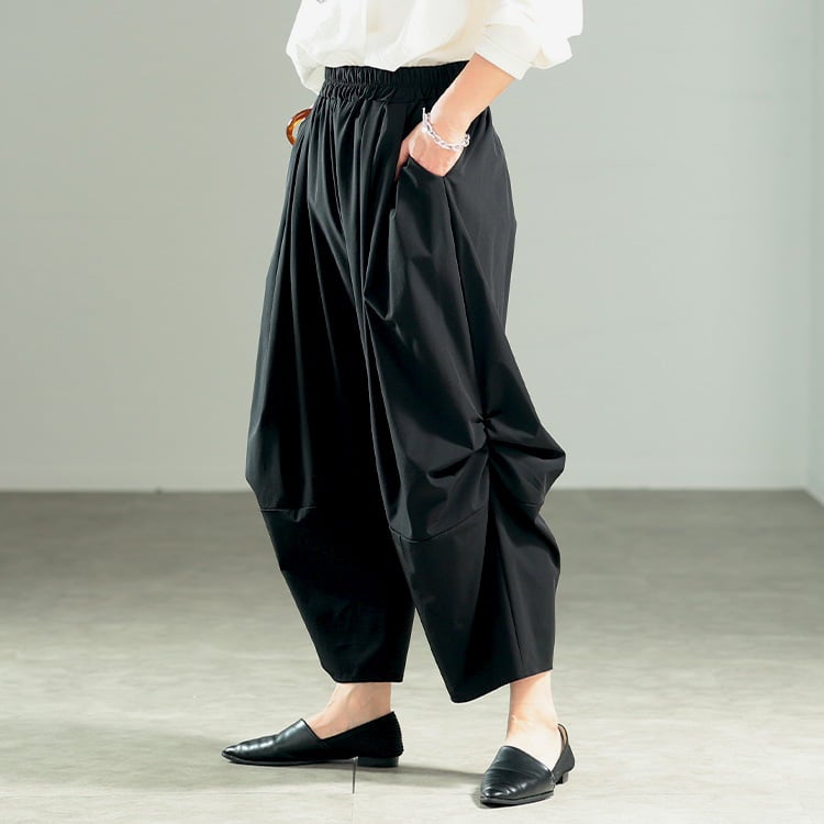 大きいサイズ レディース サイドギャザー変形ワイドパンツ