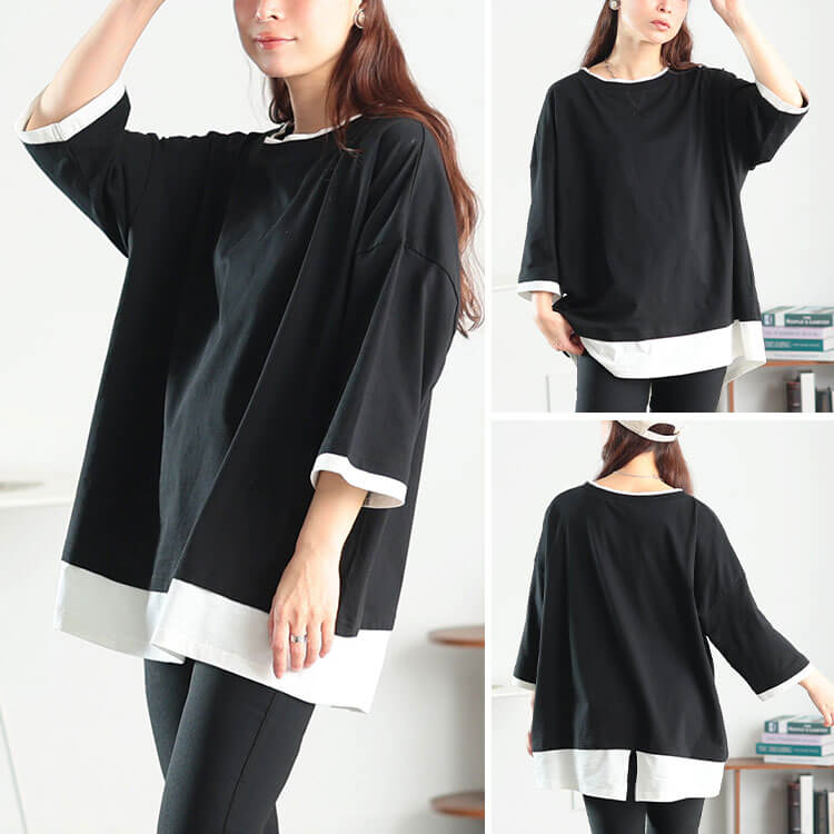 大きいサイズ レディース 冷感後ろスリット重ね着風コットンプルオーバー