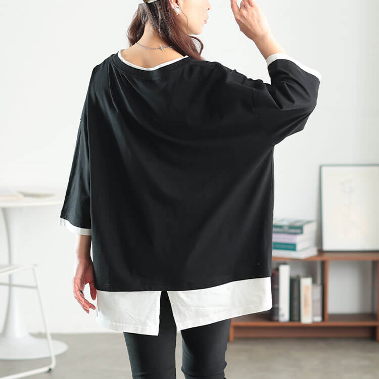 大きいサイズ レディース 冷感後ろスリット重ね着風コットンプルオーバー