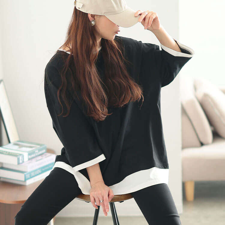 大きいサイズ レディース 冷感後ろスリット重ね着風コットンプルオーバー