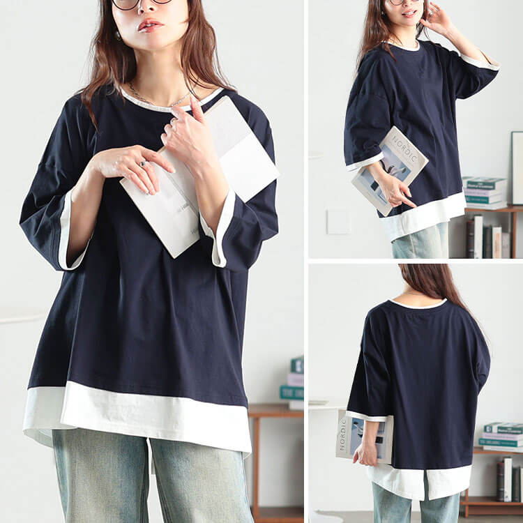 大きいサイズ レディース 冷感後ろスリット重ね着風コットンプルオーバー