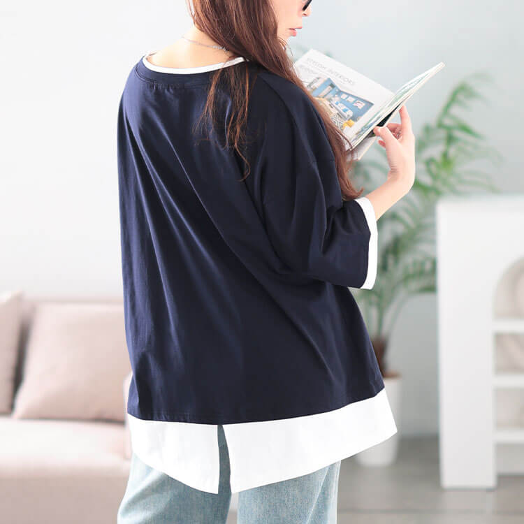 大きいサイズ レディース 冷感後ろスリット重ね着風コットンプルオーバー