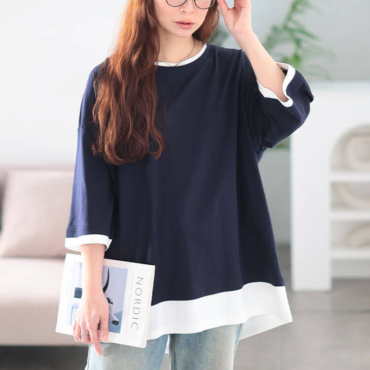 大きいサイズ レディース 冷感後ろスリット重ね着風コットンプルオーバー