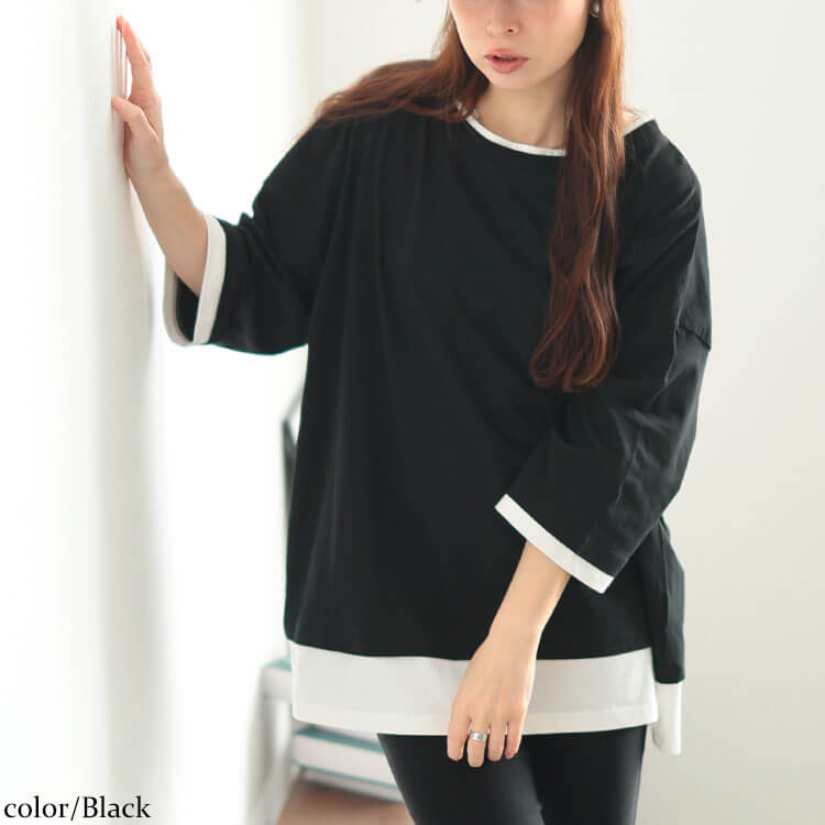 大きいサイズ レディース 冷感後ろスリット重ね着風コットンプルオーバー ブラック