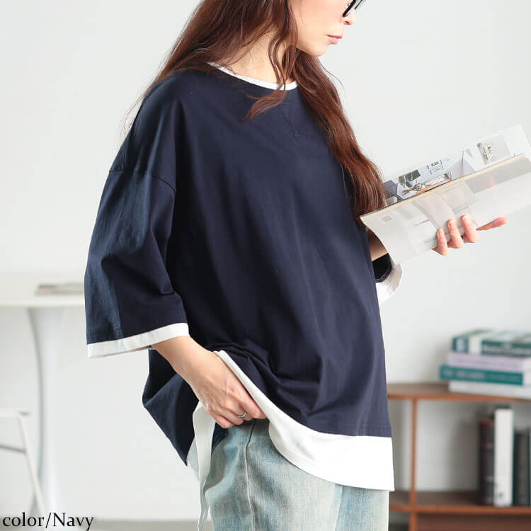 大きいサイズ レディース 冷感後ろスリット重ね着風コットンプルオーバー ネイビー