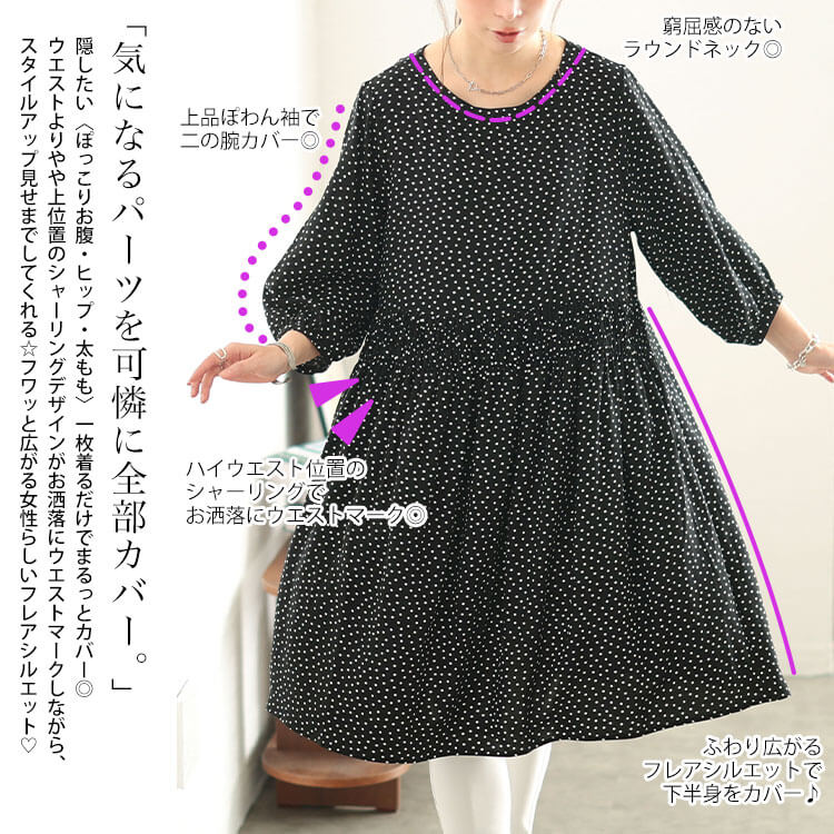 大きいサイズ レディース ドット柄ウエストシャーリングワンピース
