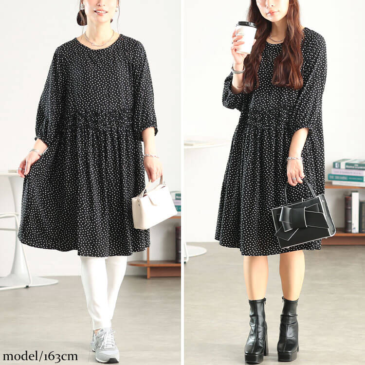 大きいサイズ レディース ドット柄ウエストシャーリングワンピース