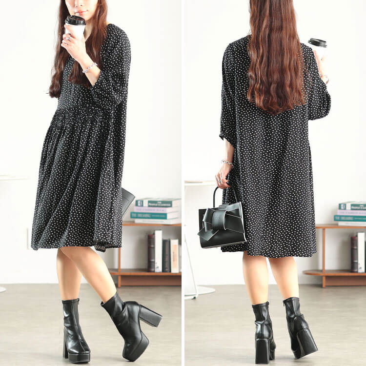 大きいサイズ レディース ドット柄ウエストシャーリングワンピース