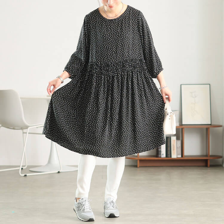 大きいサイズ レディース ドット柄ウエストシャーリングワンピース