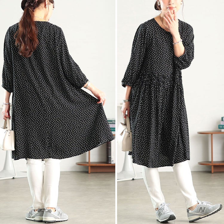 大きいサイズ レディース ドット柄ウエストシャーリングワンピース