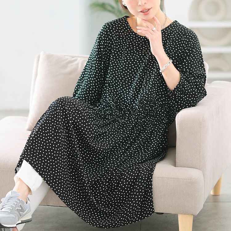 大きいサイズ レディース ドット柄ウエストシャーリングワンピース