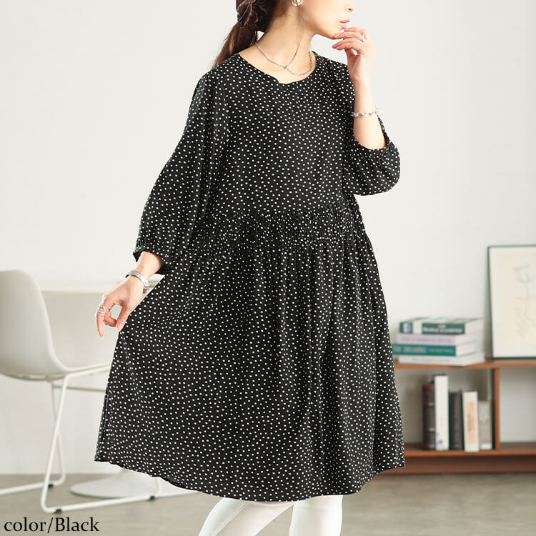 大きいサイズ レディース ドット柄ウエストシャーリングワンピース ブラック
