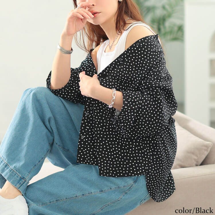 大きいサイズ レディース ドット柄キーネックレーヨンシャツ