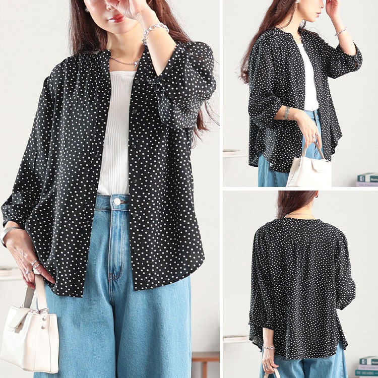 大きいサイズ レディース ドット柄キーネックレーヨンシャツ