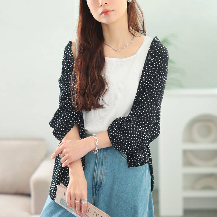 大きいサイズ レディース ドット柄キーネックレーヨンシャツ