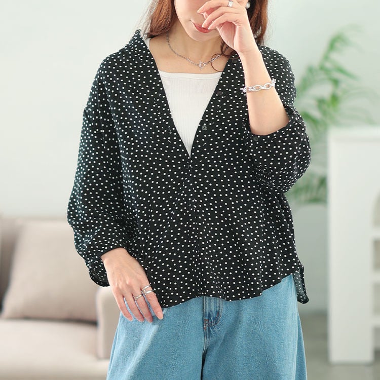 大きいサイズ レディース ドット柄キーネックレーヨンシャツ