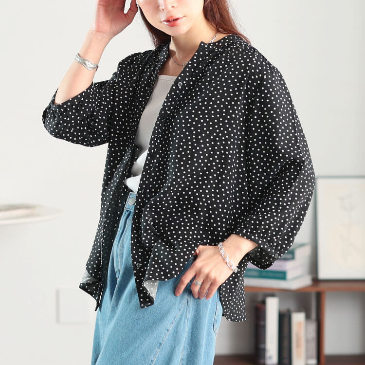 大きいサイズ レディース ドット柄キーネックレーヨンシャツ ブラック
