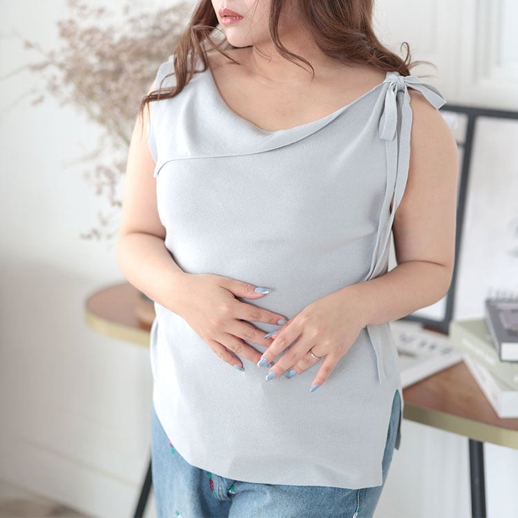 大きいサイズ レディース 肩リボンアシンメトリーニットトップス