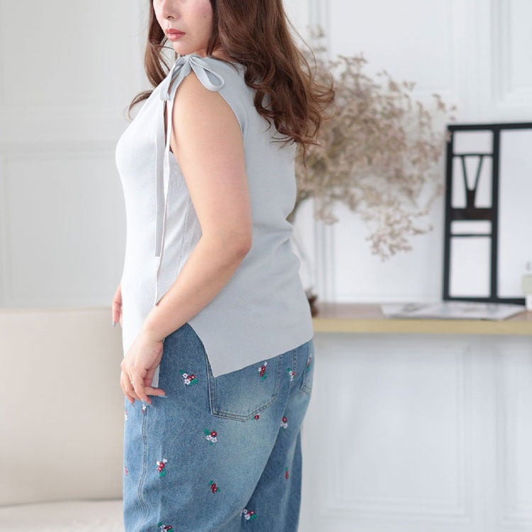 大きいサイズ レディース 肩リボンアシンメトリーニットトップス