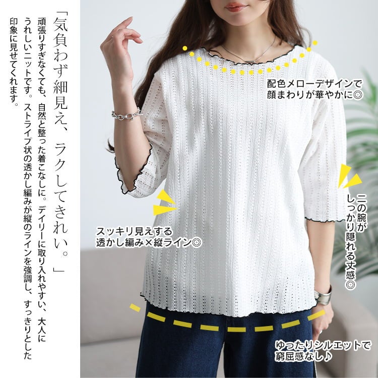 大きいサイズ レディース 配色メローストライプ柄透かし編みニット