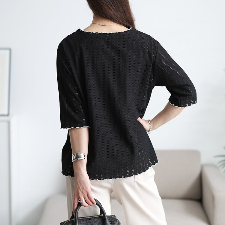 大きいサイズ レディース 配色メローストライプ柄透かし編みニット