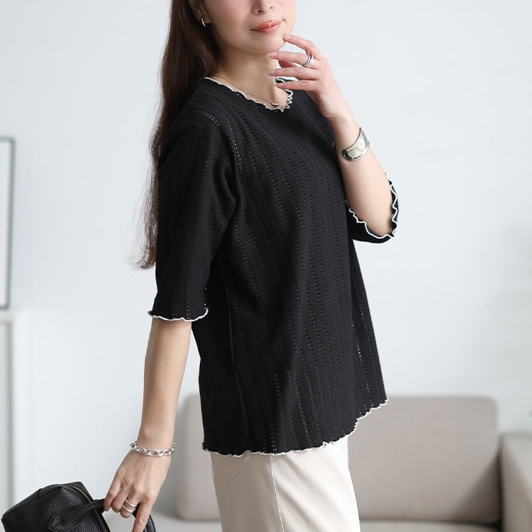 大きいサイズ レディース 配色メローストライプ柄透かし編みニット