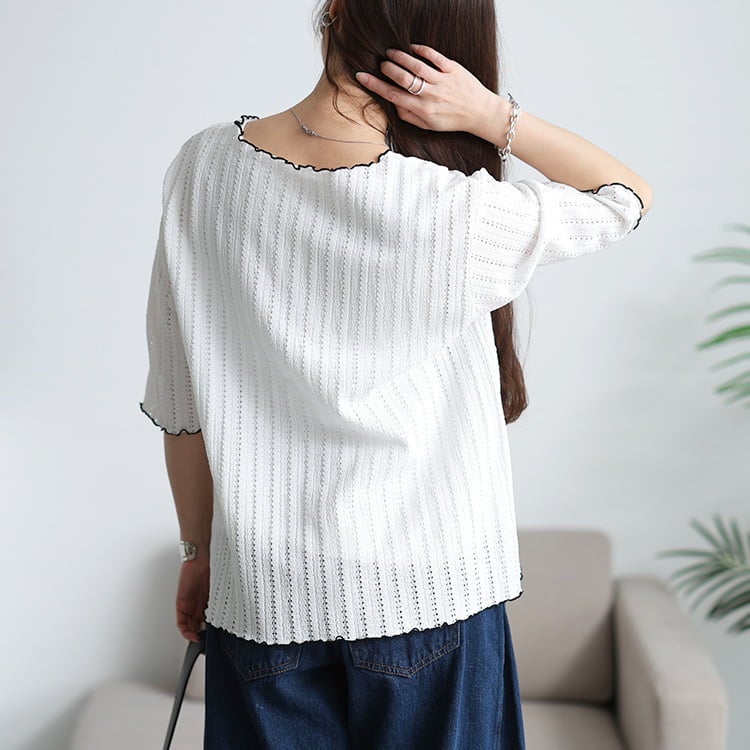 大きいサイズ レディース 配色メローストライプ柄透かし編みニット