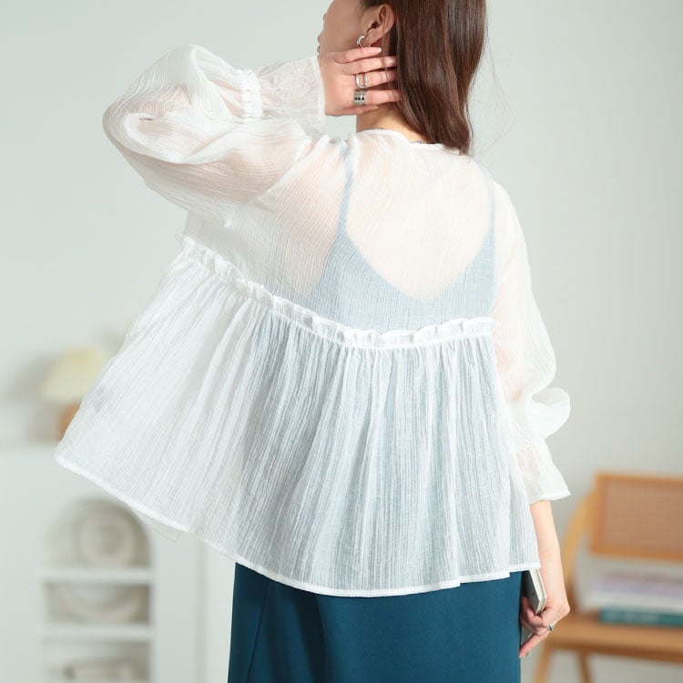 大きいサイズ レディース 楊柳フリルシャツリボンカーディガン