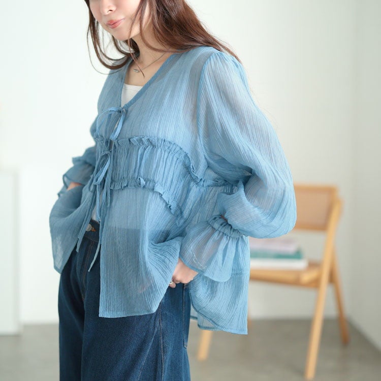 大きいサイズ レディース 楊柳フリルシャツリボンカーディガン