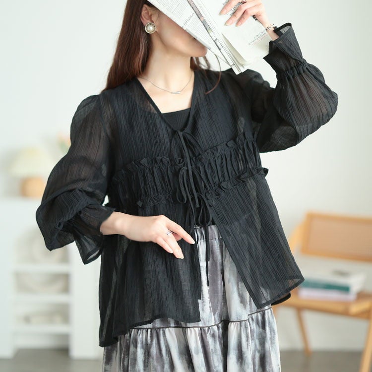 大きいサイズ レディース 楊柳フリルシャツリボンカーディガン ブラック