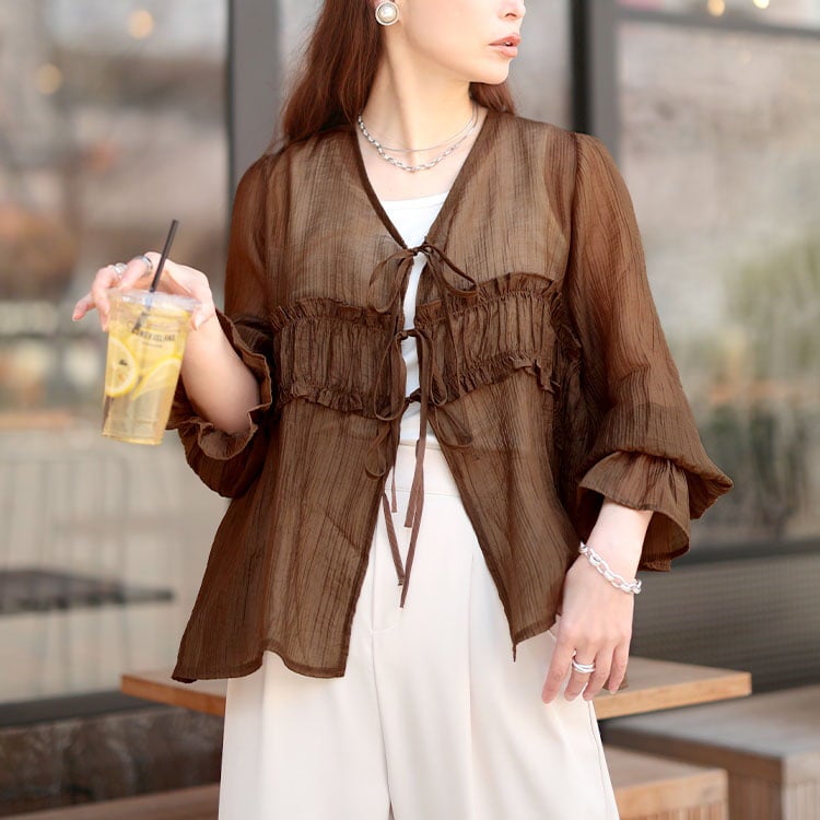 大きいサイズ レディース 楊柳フリルシャツリボンカーディガン ブラウン