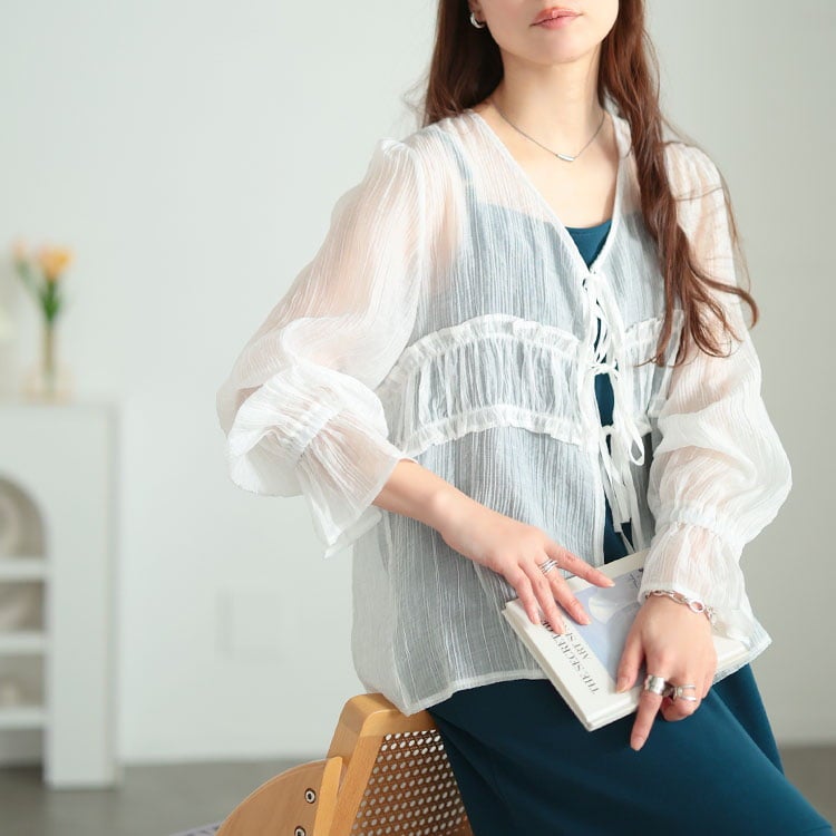 大きいサイズ レディース 楊柳フリルシャツリボンカーディガン オフホワイト