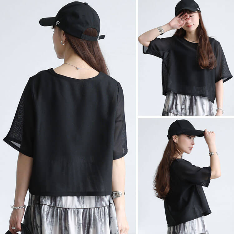 大きいサイズ レディース クロップドメッシュプルオーバー