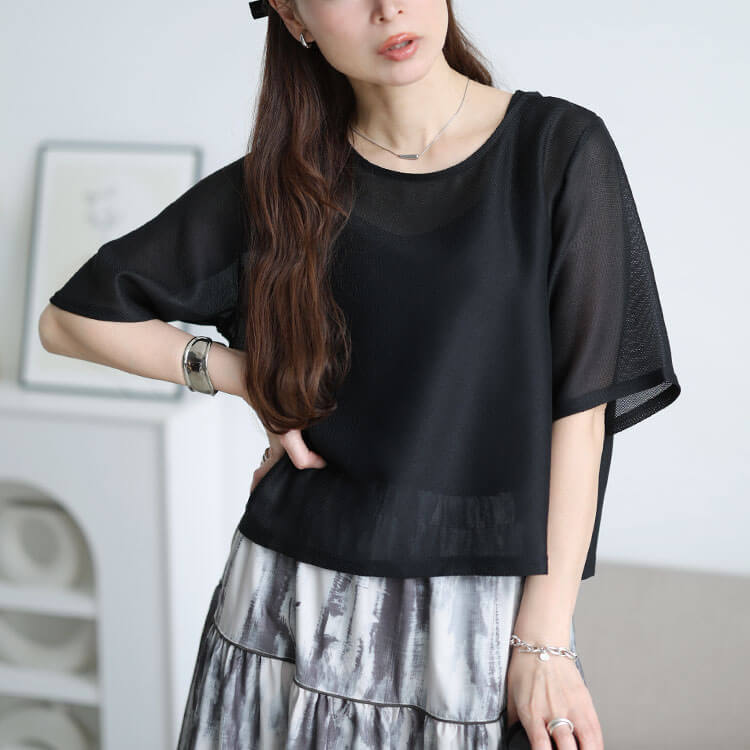 大きいサイズ レディース クロップドメッシュプルオーバー