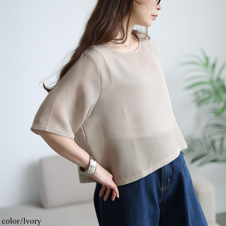 大きいサイズ レディース クロップドメッシュプルオーバー アイボリー