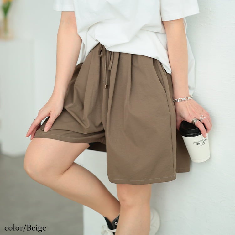 大きいサイズ レディース ストレッチライトツイルワイドハーフパンツ ベージュ